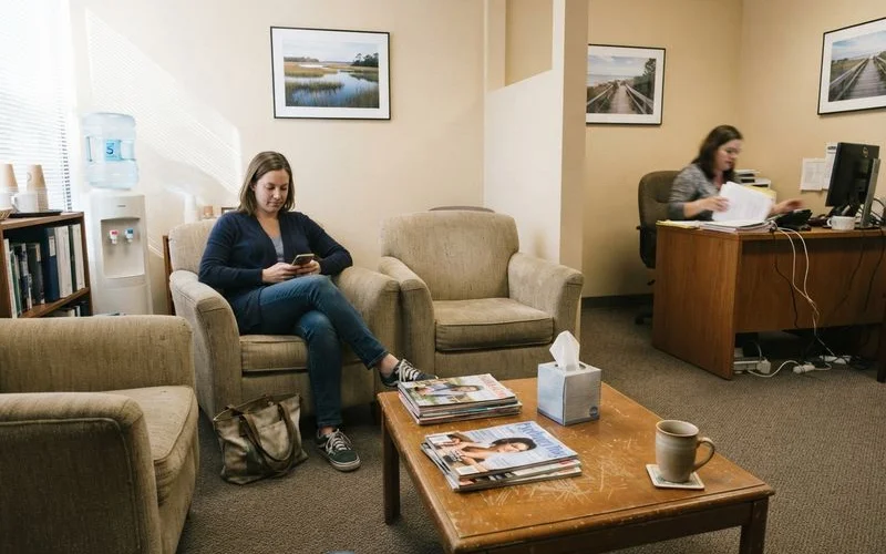 A calm counseling office waiting area with soft seating and natural light, showing the kind of space a client sees before a first appointment